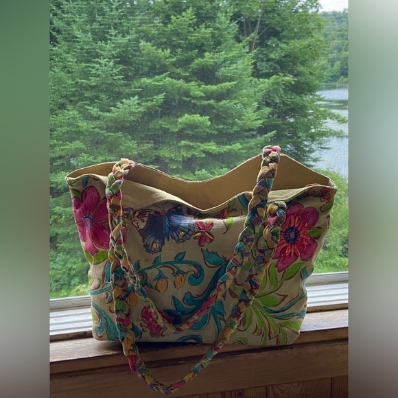 Kate McRostie Canvas Raffia Shoulder Bag Butterfly Flower - Picture 6 of 15